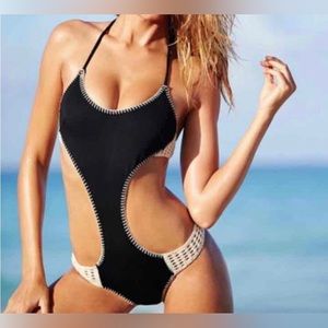 Victoria’s Secret black crochet cut out monokini one piece bathing suit